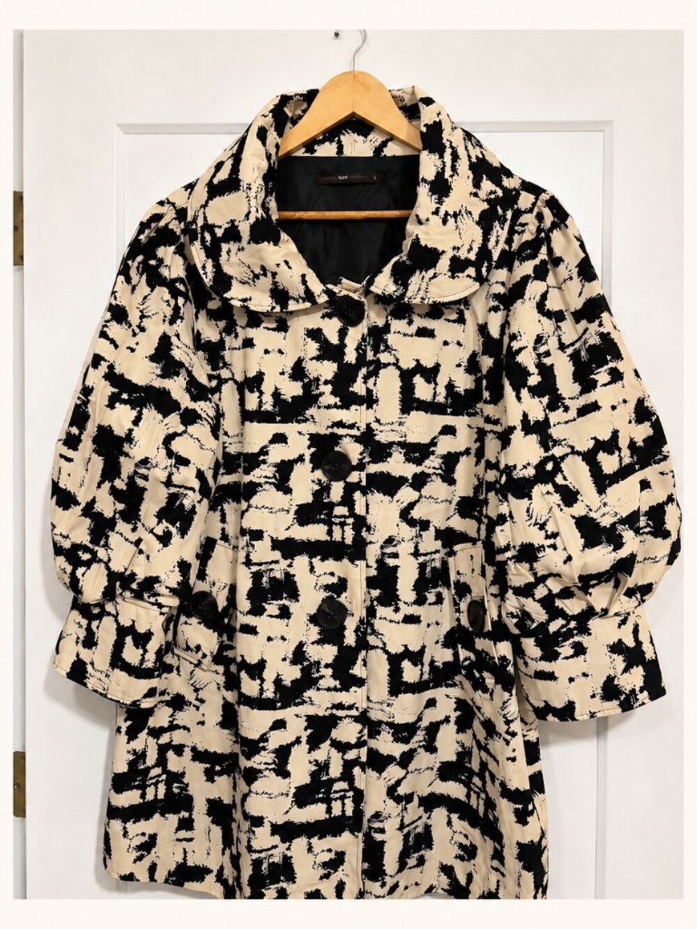 Hazel Black Cream Brushstroke Artwear Swing Coat Jacket Size L